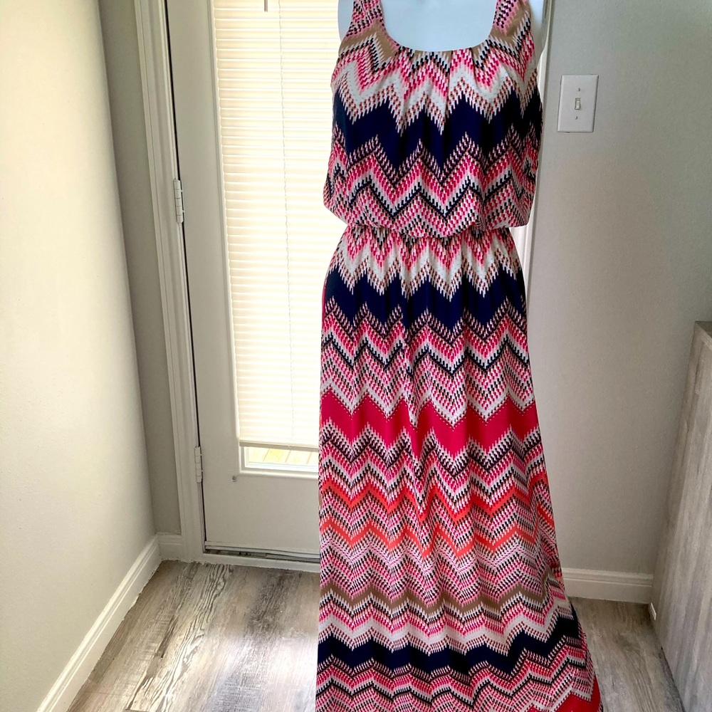 Three Pink Hearts Trixxi Chevron Pink/Navy Maxi Dress SZ S